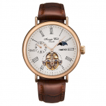 时尚复古罗马刻度简约风飞轮机芯多功能月相两地时男表牛皮圆盘防水机械表W60164G